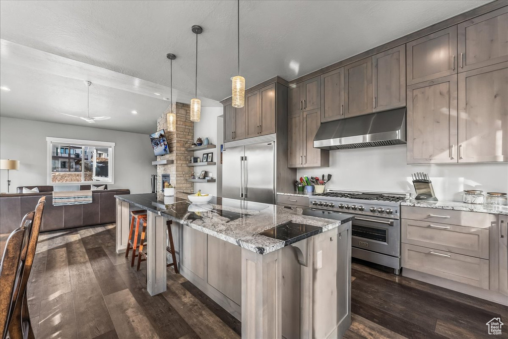 Kitchen with premium appliances, dark hardwood / wood-style floors, light stone countertops, and a center island
