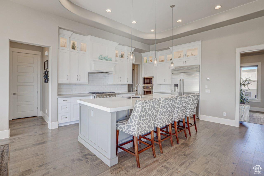 Kitchen featuring a center island with sink, wood-type flooring, a tray ceiling, and built in appliances