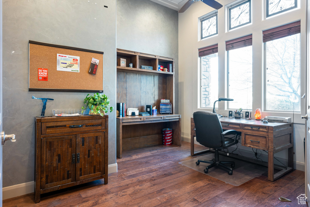 Home office featuring dark hardwood / wood-style flooring, ceiling fan, and a high ceiling