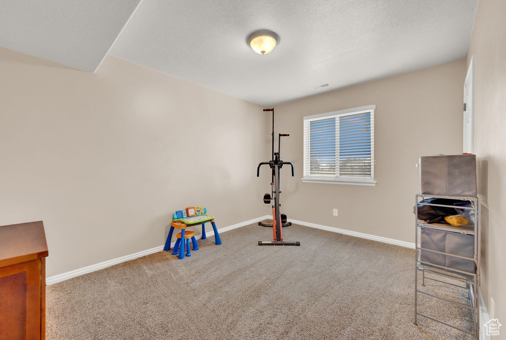 Playroom with a textured ceiling and carpet flooring