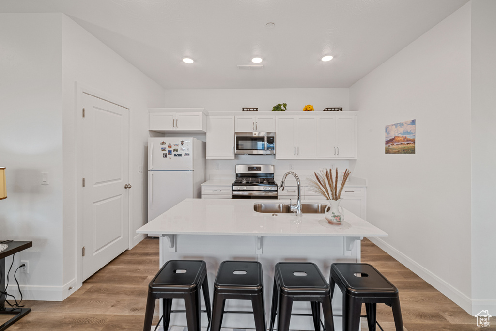 Kitchen featuring light hardwood / wood-style floors, stainless steel appliances, and white cabinets