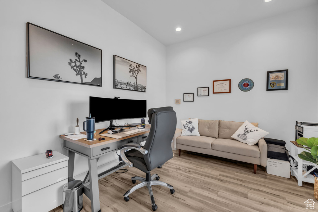 Office area featuring light wood-type flooring