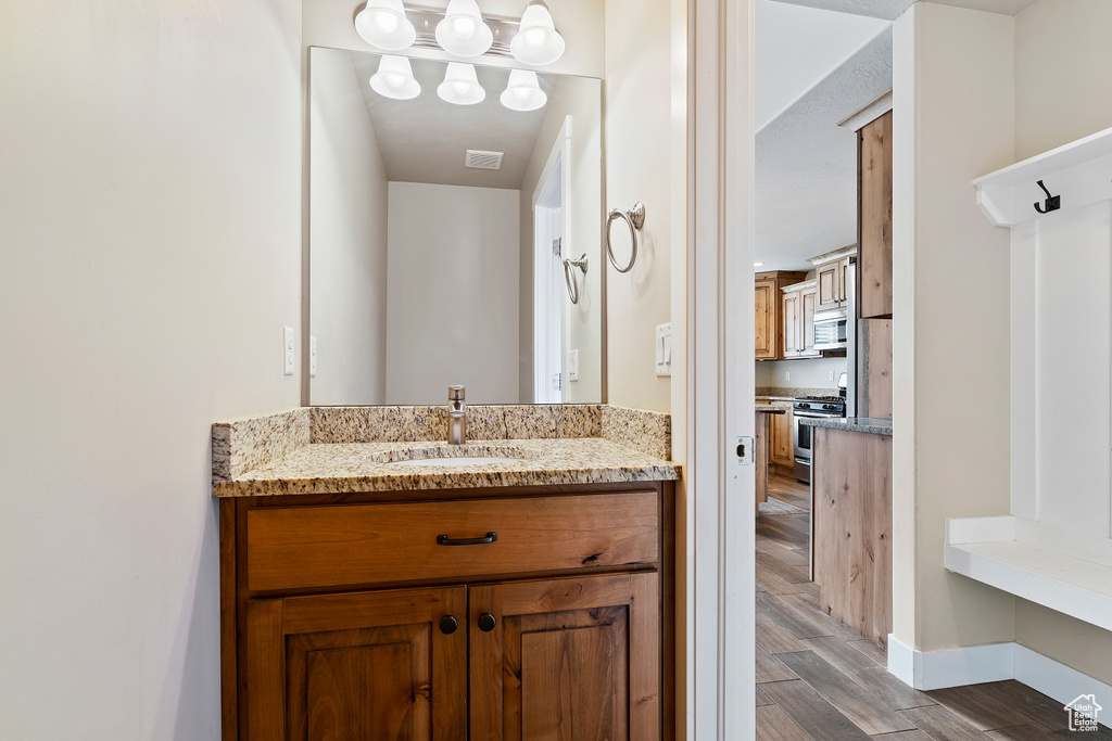 Bathroom with hardwood / wood-style flooring, an inviting chandelier, and vanity