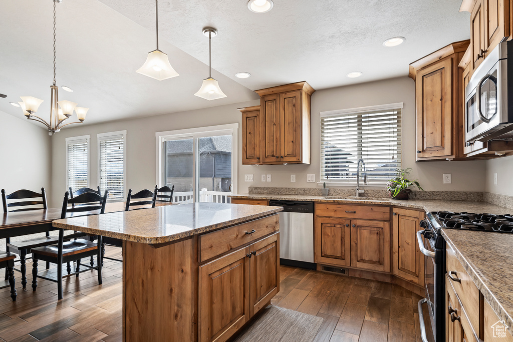 Kitchen featuring dark hardwood / wood-style flooring, a wealth of natural light, a notable chandelier, stainless steel appliances, and pendant lighting