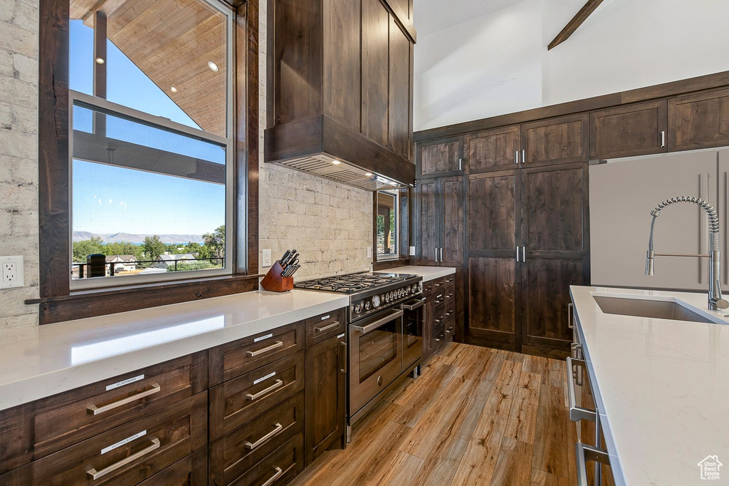 Kitchen with light wood-type flooring, dark brown cabinets, custom range hood, sink, and double oven range