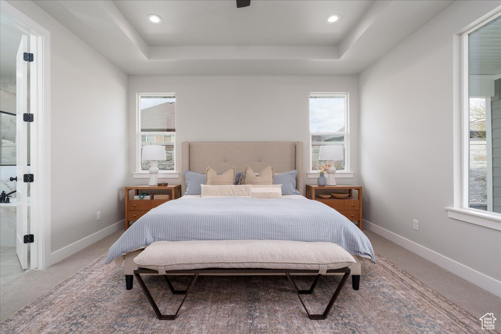 Bedroom featuring a raised ceiling and light colored carpet