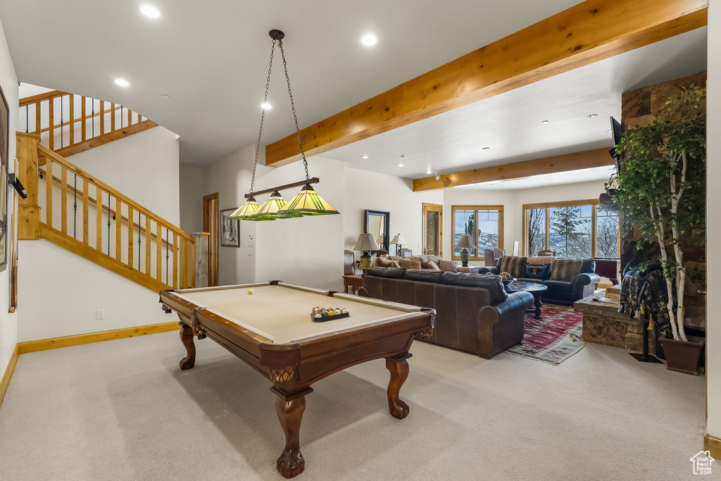 Recreation room with billiards, light carpet, and beam ceiling