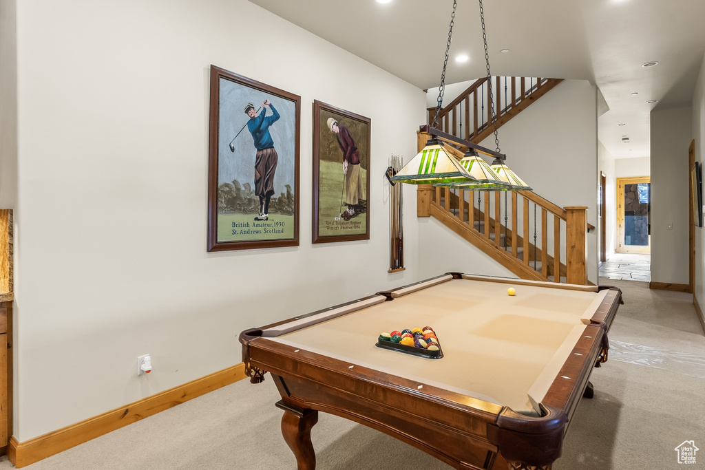 Rec room featuring light colored carpet and billiards