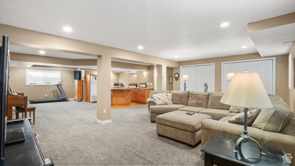 Living room with light carpet