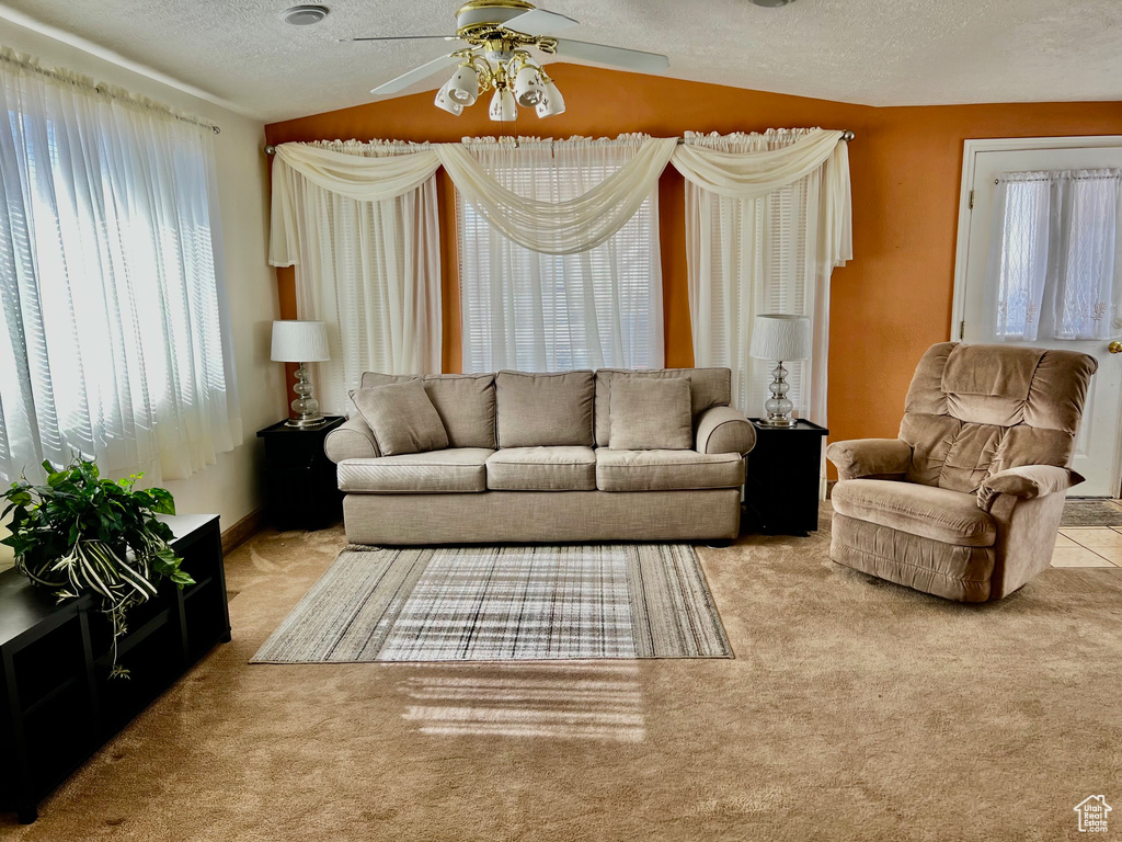 Carpeted living room with ceiling fan, a textured ceiling, and lofted ceiling