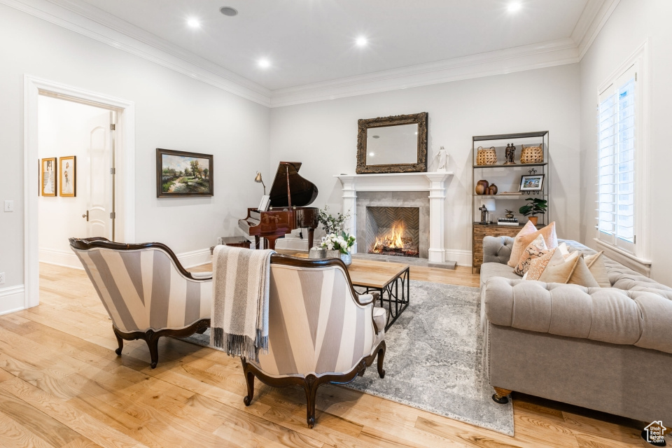Living room featuring a high end fireplace, light hardwood / wood-style flooring, and crown molding