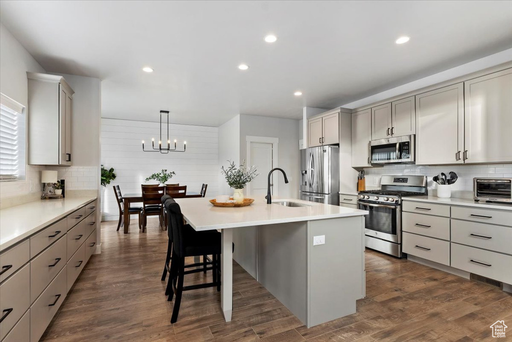 Kitchen with pendant lighting, dark wood-type flooring, an inviting chandelier, a center island with sink, and appliances with stainless steel finishes