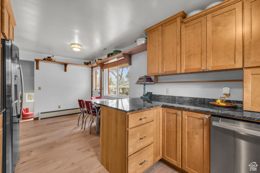 Kitchen with a baseboard radiator, light hardwood / wood-style floors, dark stone counters, kitchen peninsula, and appliances with stainless steel finishes