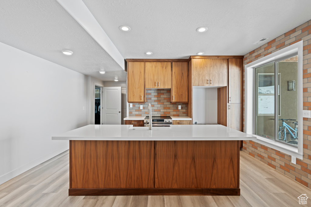 Kitchen with plenty of natural light, a center island with sink, and light wood-type flooring