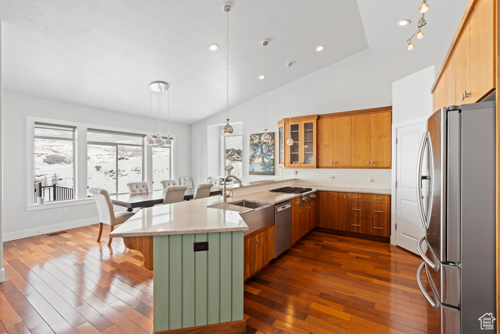 Kitchen featuring tasteful backsplash, dark hardwood / wood-style flooring, stainless steel appliances, pendant lighting, and kitchen peninsula