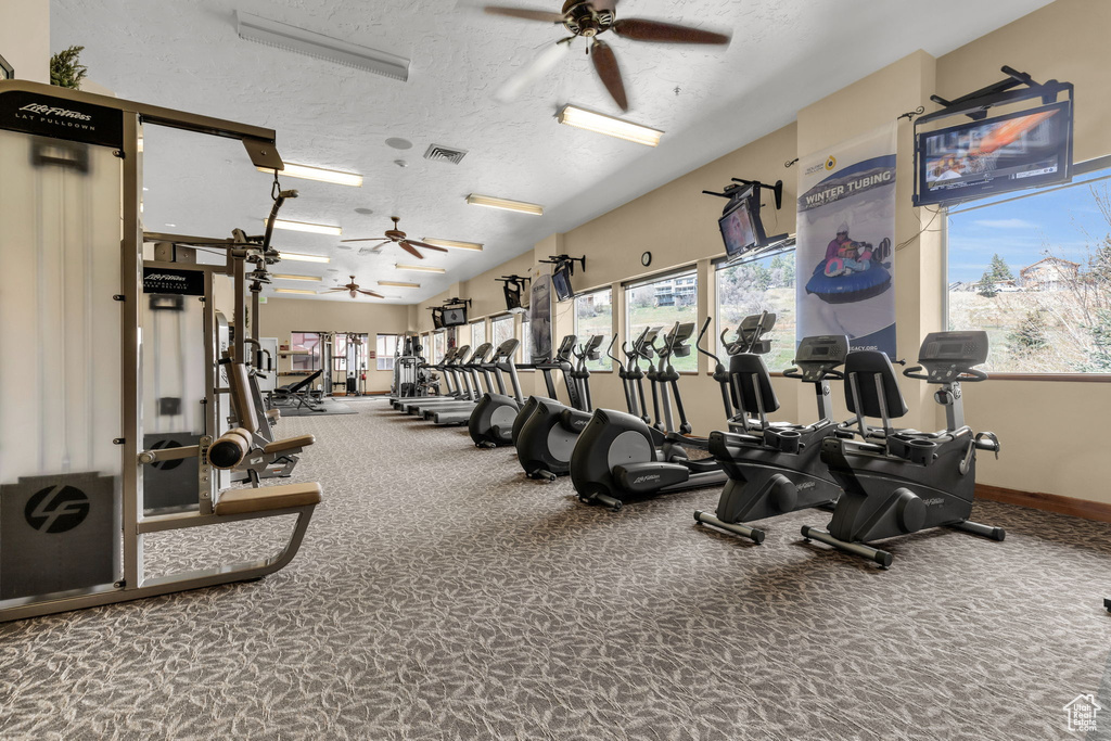 Exercise room with ceiling fan, carpet flooring, and a textured ceiling