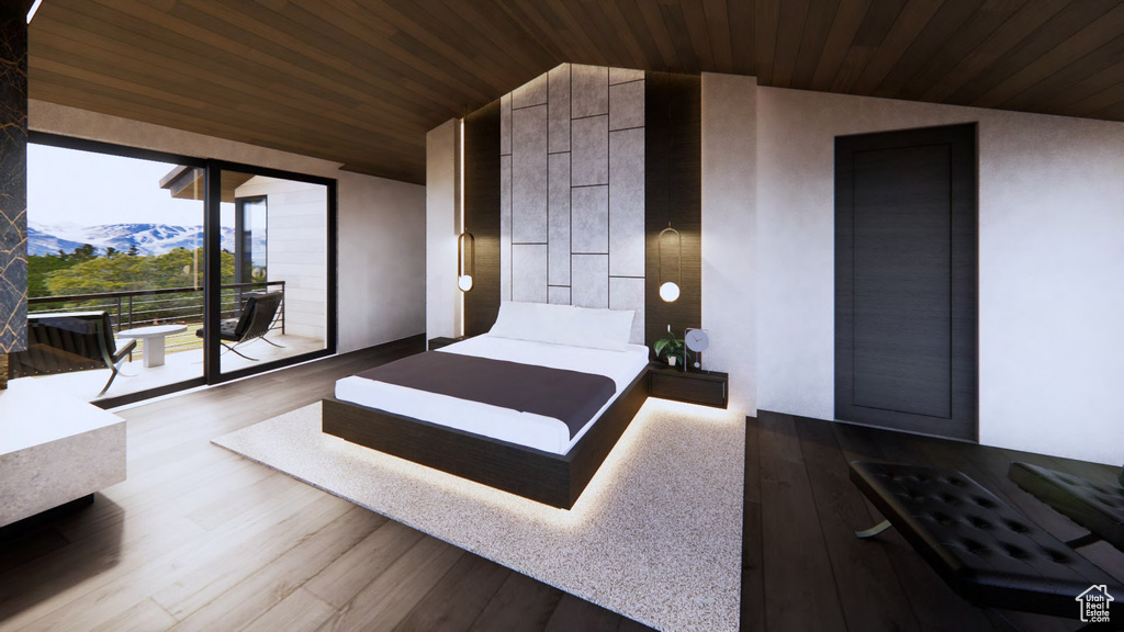 Bedroom with a mountain view, access to exterior, lofted ceiling, wood-type flooring, and wooden ceiling