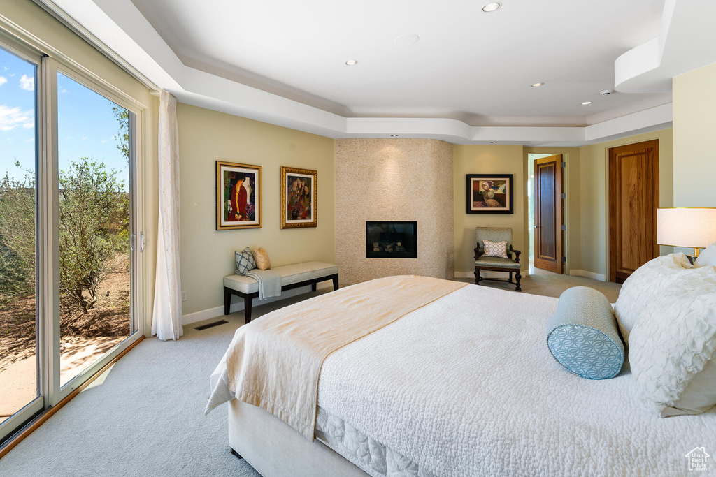 Carpeted bedroom featuring access to exterior and a raised ceiling