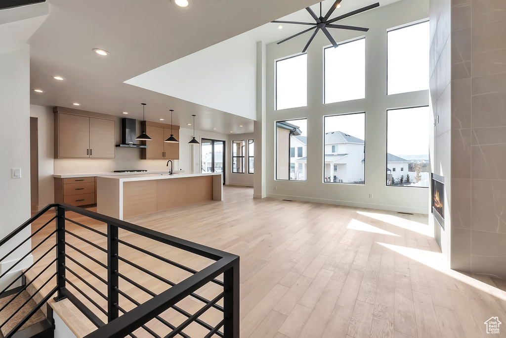 Interior space with light hardwood / wood-style floors, sink, and a towering ceiling