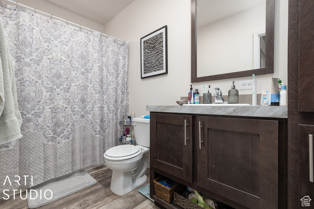 Bathroom with hardwood / wood-style flooring, vanity, and toilet