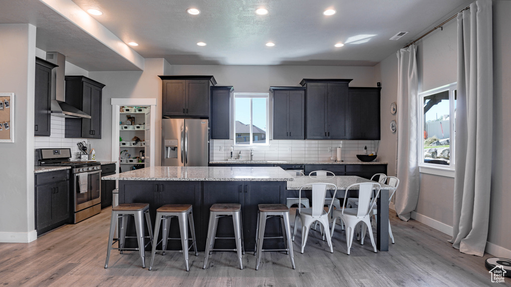 Kitchen with a center island, light hardwood / wood-style floors, stainless steel appliances, and tasteful backsplash