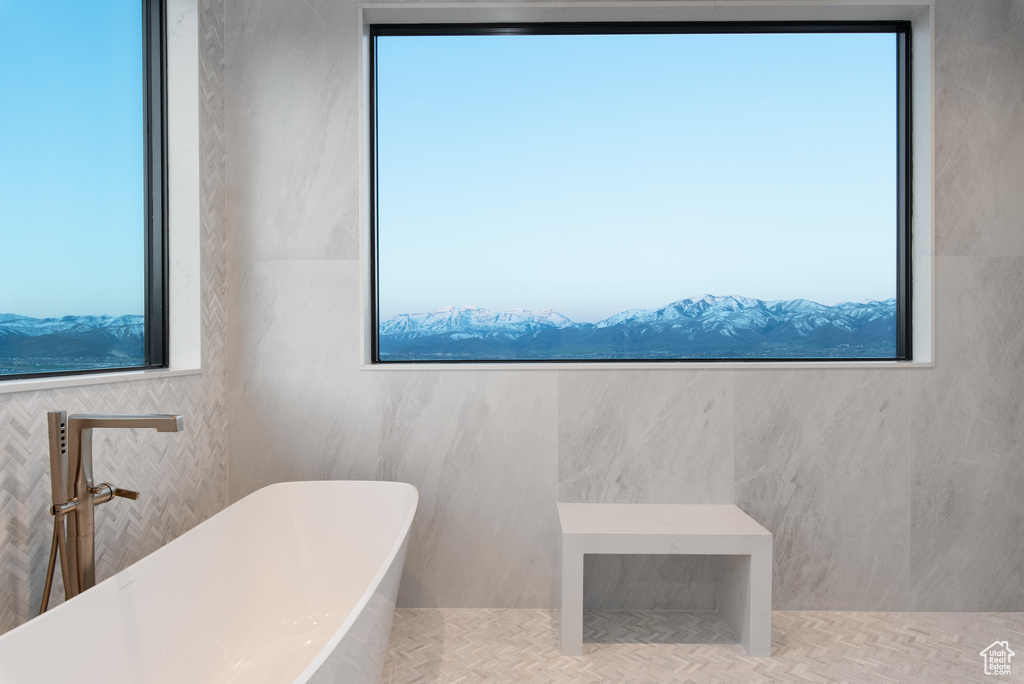 Bathroom with a wealth of natural light, a mountain view, and a washtub