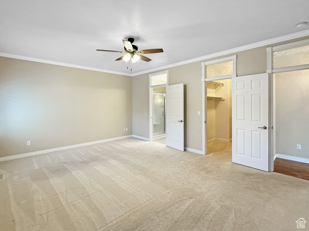 Unfurnished bedroom with a spacious closet, crown molding, ceiling fan, a closet, and light carpet