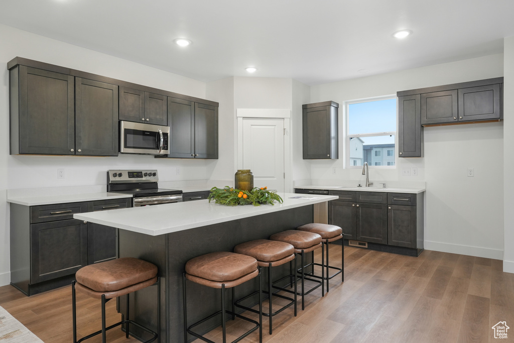 Kitchen featuring dark brown cabinets, a kitchen bar, a kitchen island, appliances with stainless steel finishes, and wood-type flooring