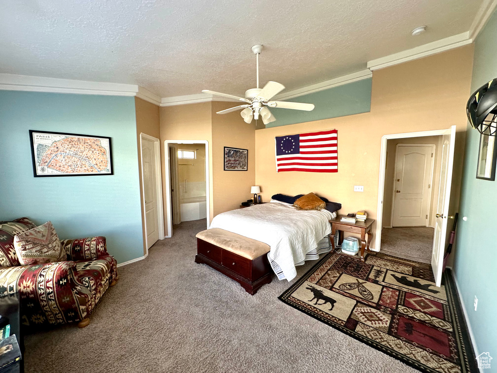 Bedroom with dark colored carpet, crown molding, ceiling fan, and a textured ceiling
