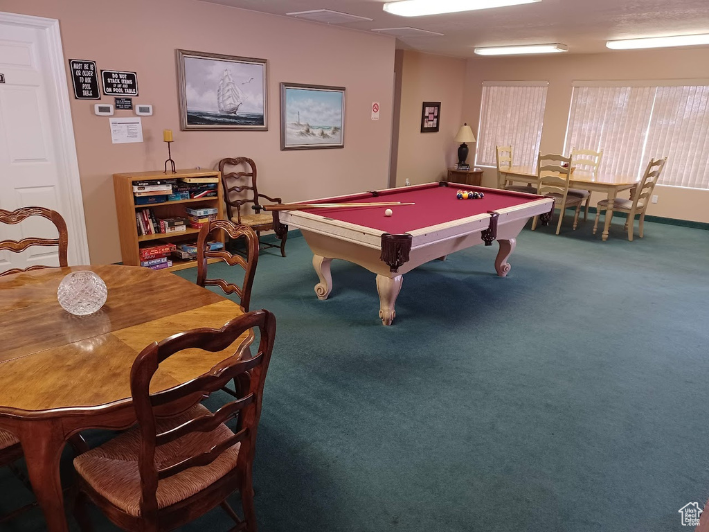 Game room with billiards and carpet flooring