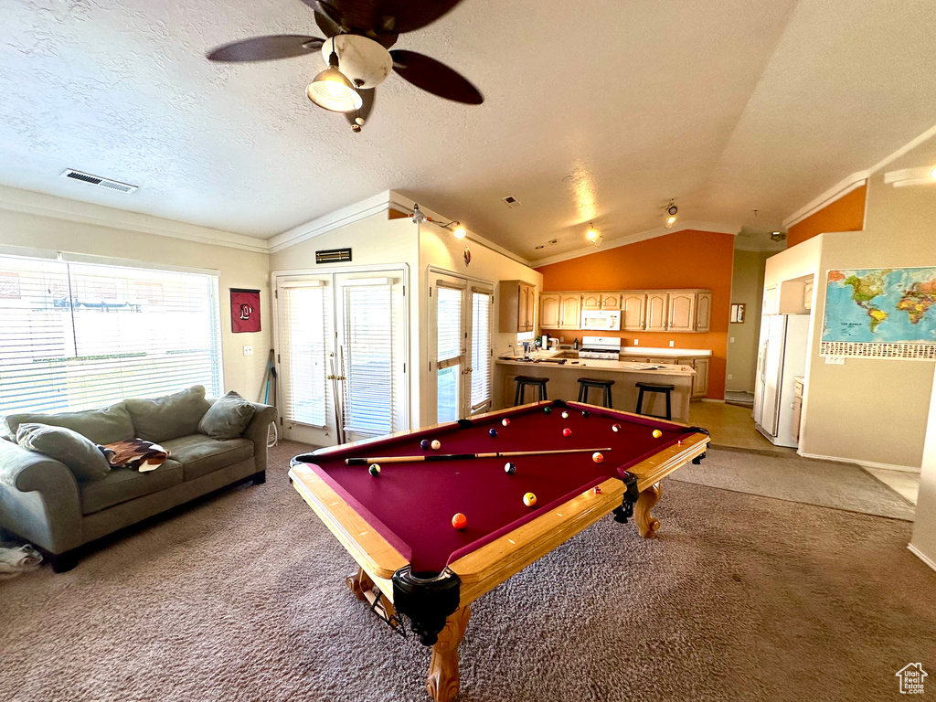 Playroom with pool table, a healthy amount of sunlight, and lofted ceiling