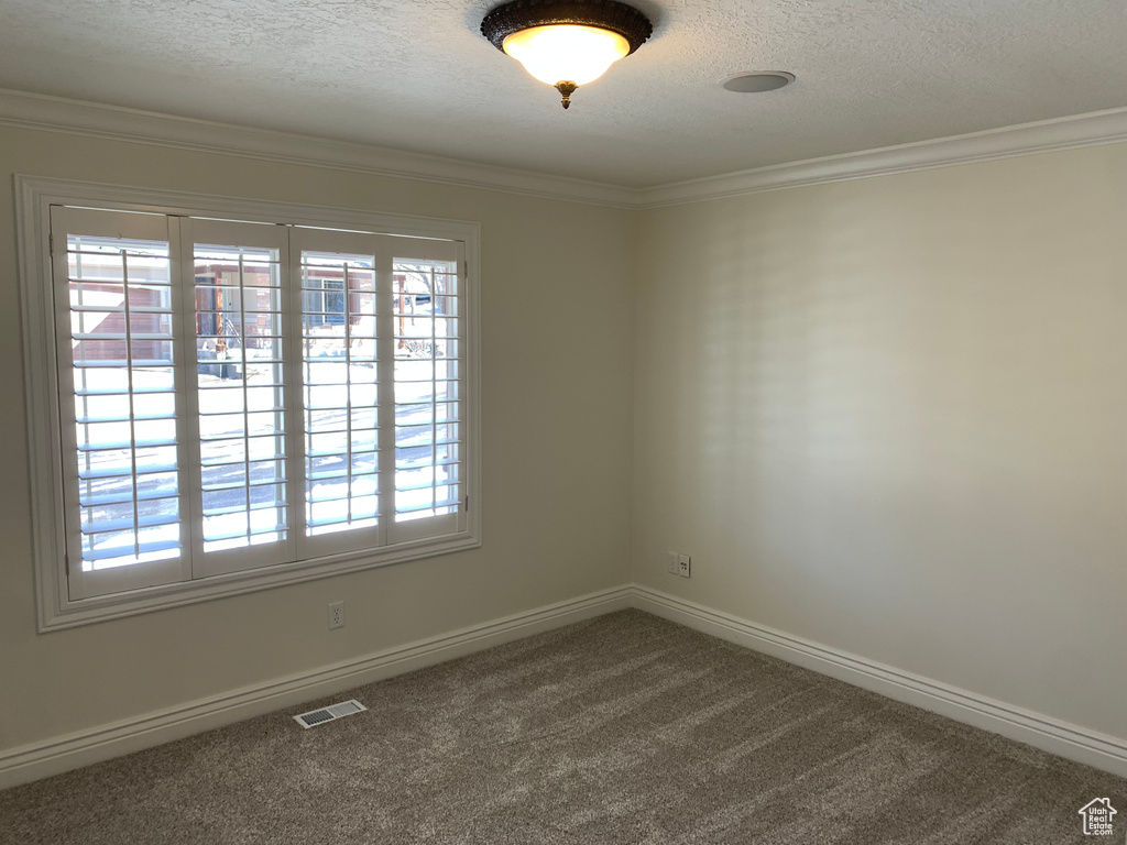 Unfurnished room featuring dark carpet, a healthy amount of sunlight, and a textured ceiling