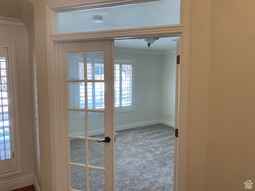 Carpeted empty room with ornamental molding and french doors