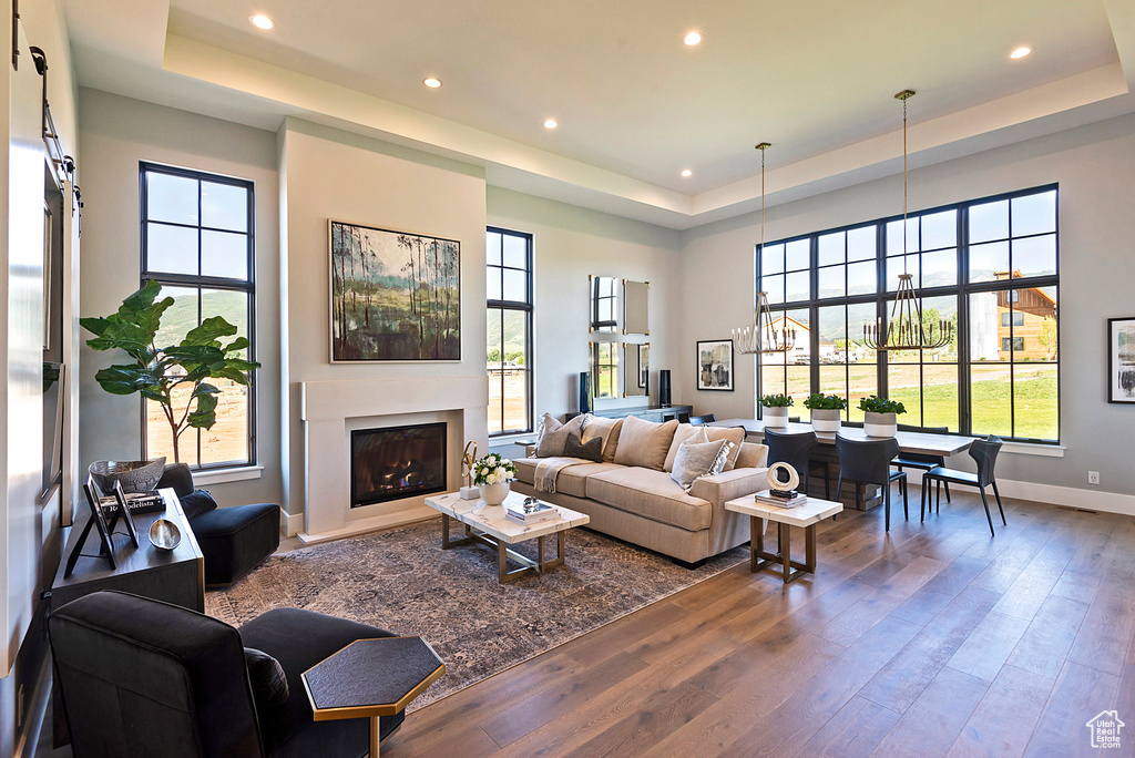 Living room featuring a wealth of natural light, a tray ceiling, and dark hardwood / wood-style floors