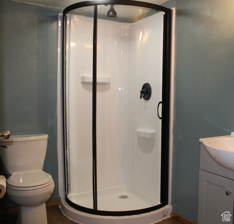 Bathroom with a shower with door, wood-type flooring, vanity, and toilet