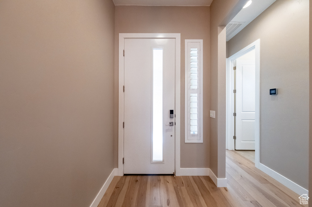 Entryway featuring a wealth of natural light and light hardwood / wood-style floors