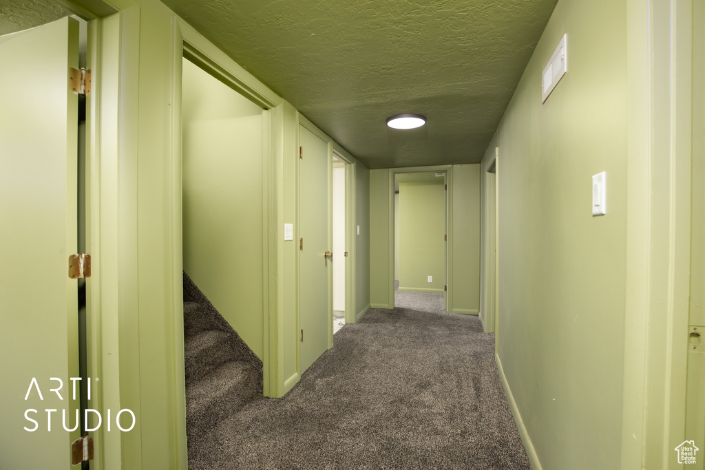 Hallway featuring a textured ceiling and carpet flooring