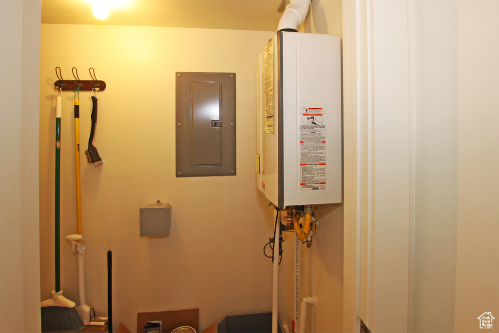 Interior details featuring tankless water heater