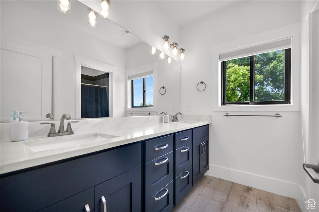 Bathroom featuring a wealth of natural light, hardwood / wood-style floors, and double vanity