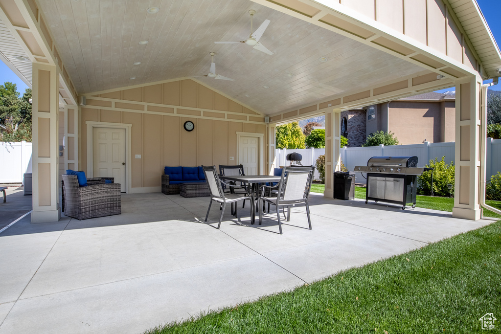 View of patio featuring a grill and an outdoor hangout area