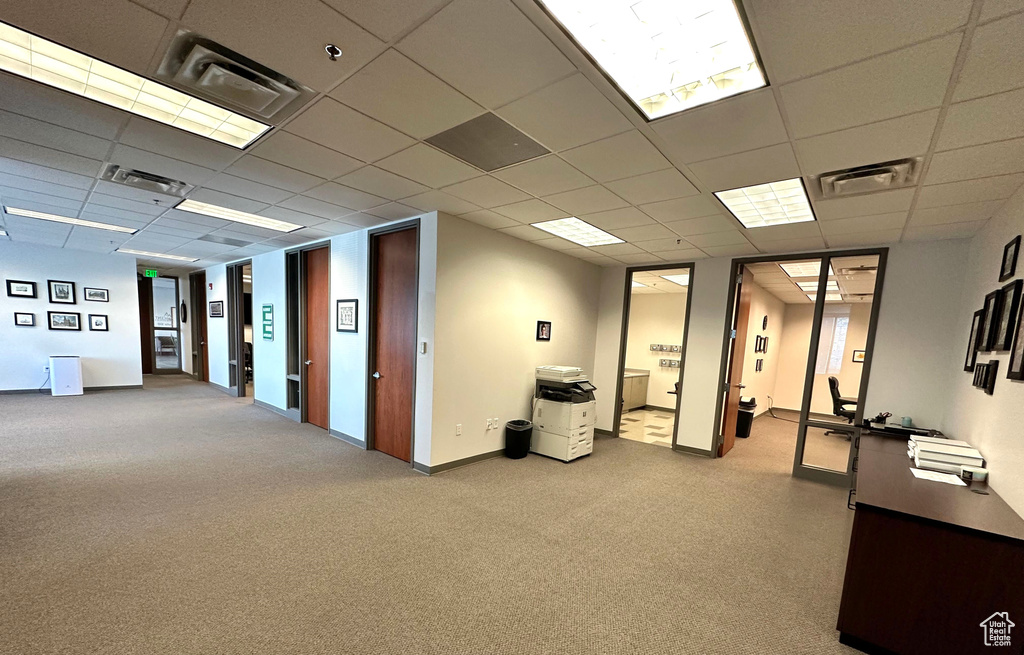 Unfurnished office with a paneled ceiling and carpet flooring