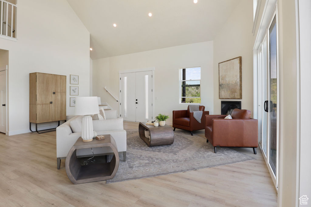 Living room featuring light hardwood / wood-style flooring and high vaulted ceiling