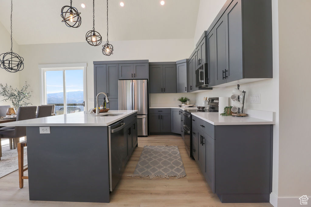 Kitchen with light hardwood / wood-style floors, a kitchen island with sink, sink, pendant lighting, and appliances with stainless steel finishes