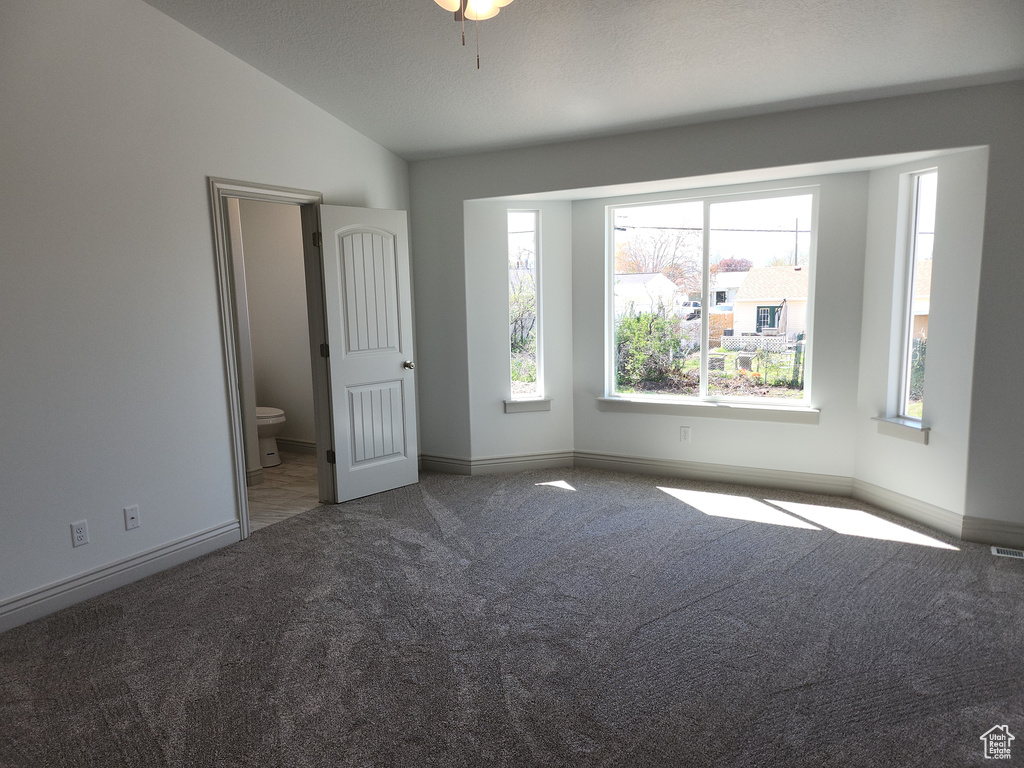 Carpeted spare room featuring lofted ceiling and plenty of natural light