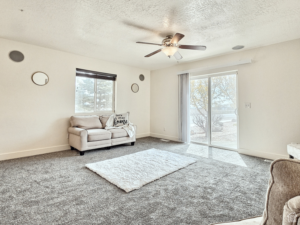 Living room featuring a textured ceiling, ceiling fan, and carpet flooring