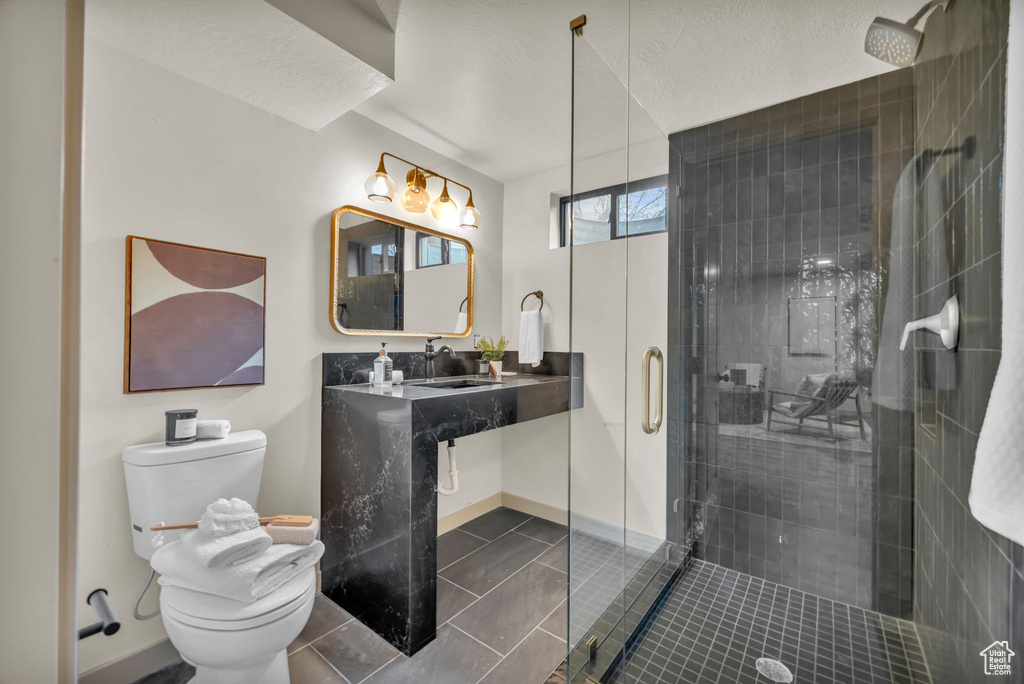 Bathroom featuring a shower with shower door, tile flooring, vanity with extensive cabinet space, and toilet