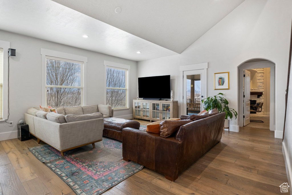 Living room featuring a wealth of natural light, light hardwood / wood-style flooring, and vaulted ceiling
