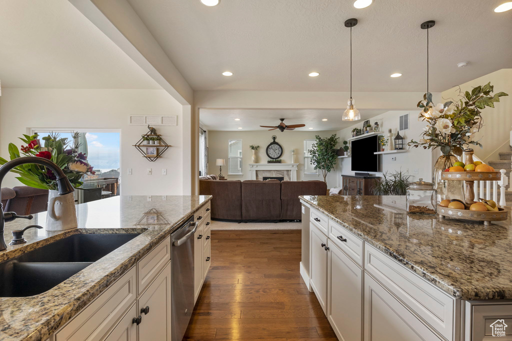 Kitchen featuring dark wood-type flooring, white cabinetry, light stone countertops, stainless steel dishwasher, and ceiling fan