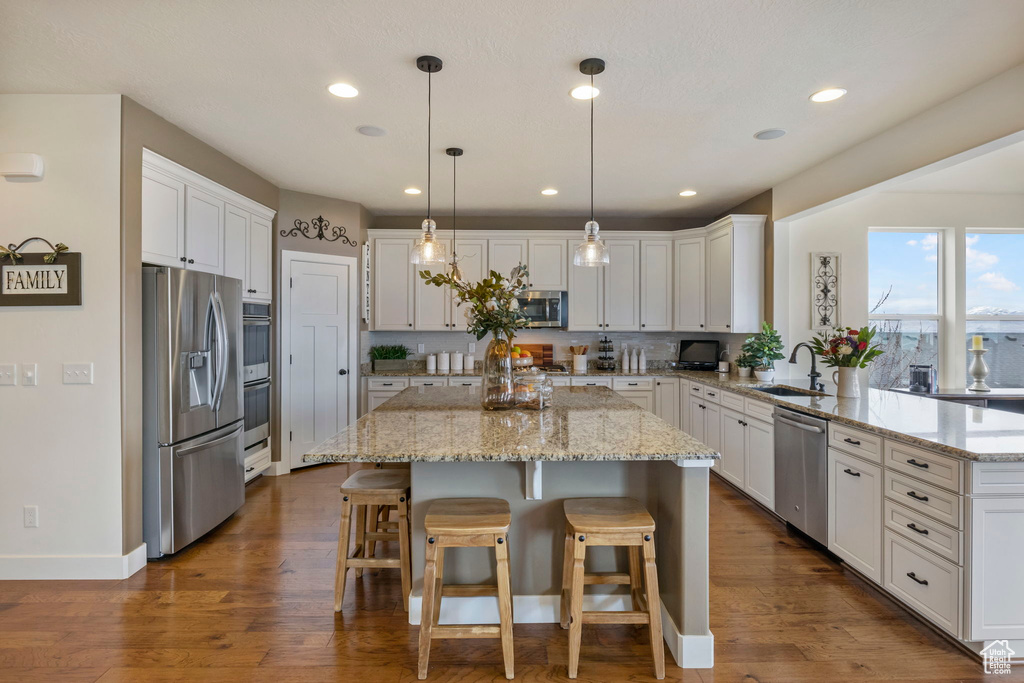 Kitchen featuring dark hardwood / wood-style floors, light stone countertops, stainless steel appliances, and sink