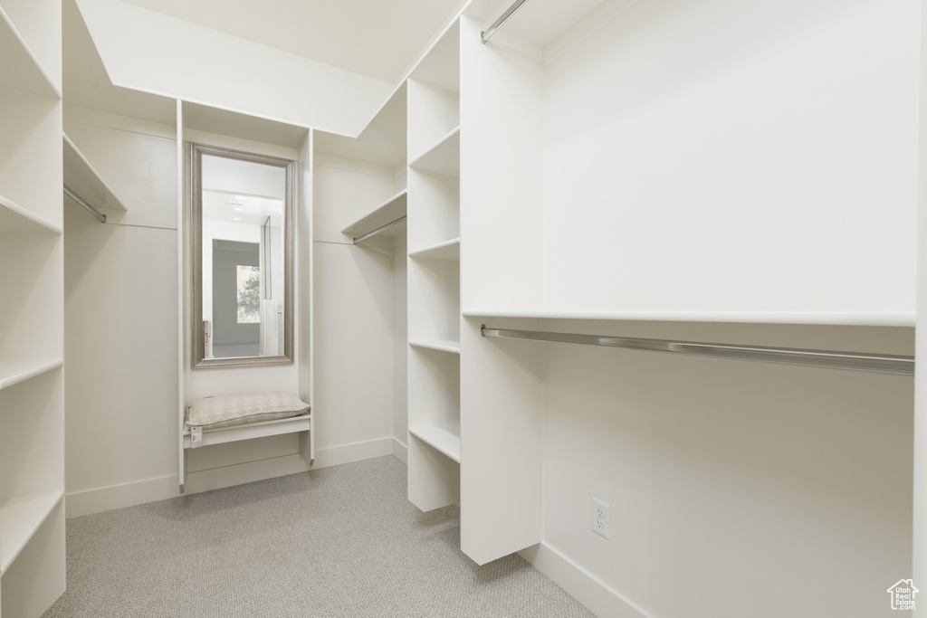 Spacious closet with light carpet